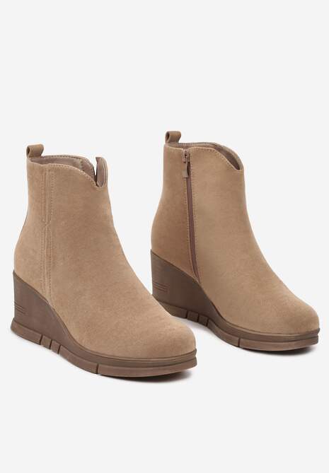 Ciemnobeżowe Casualowe Botki na Koturnie z Ociepleniem Etteora