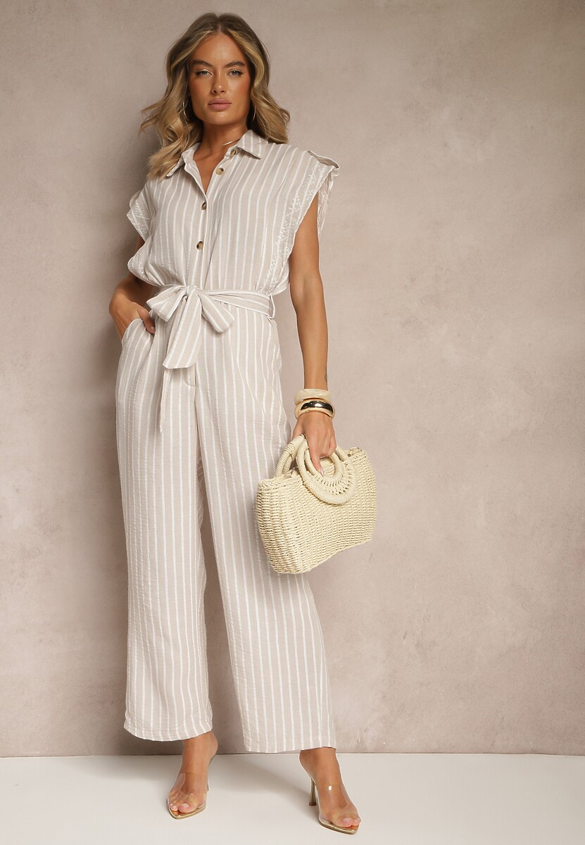 Beżowy Koszulowy Kombinezon z Bawełny z Wiązanym Paskiem Amevilia