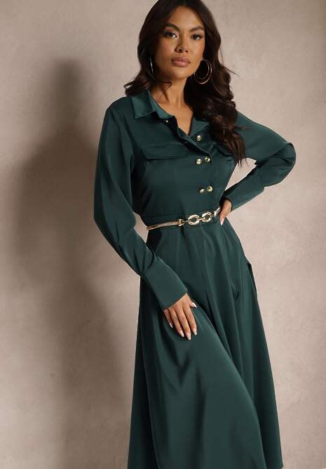 Zielona Koszulowa Sukienka o Rozkloszowanym Kroju z Gumką w Pasie i Imitacją Kieszeni Etaviela