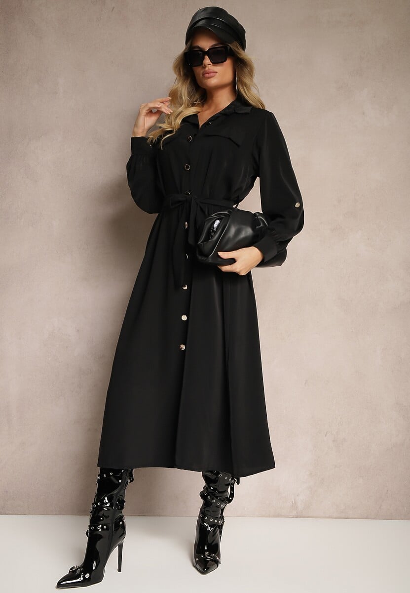 Czarna Sukienka o Koszulowym Kroju z Rękawami z Możliwością Podpięcia i Wiązanym Paskiem Ivalorae