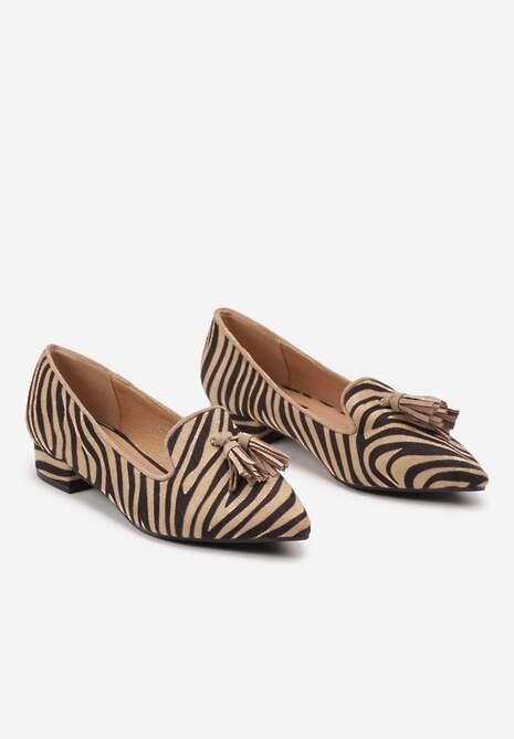 Beżowe Czółenka na Słupku w Stylu Mokasynów Ozdobione Frędzlami i Paskami Artalla