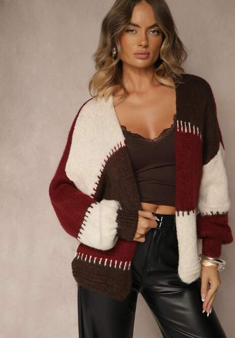 Bordowy Kardigan z Domieszką Wełny i Wiskozy w Patchworkowym Stylu Fesolinne