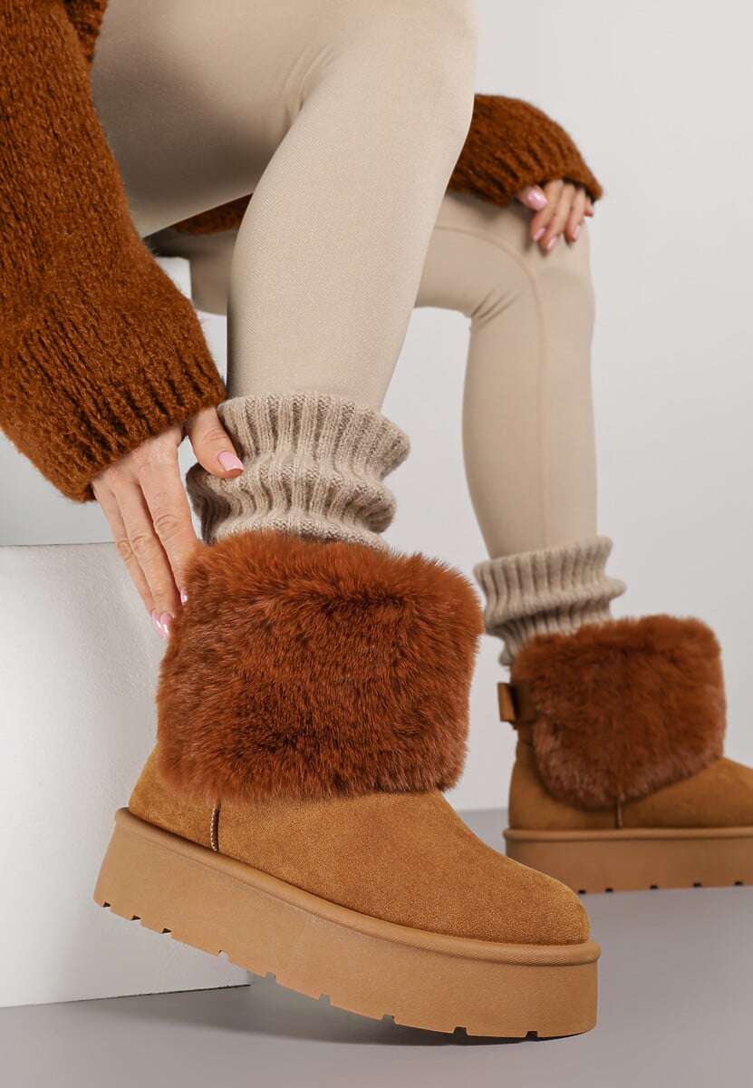 Jasnobrązowe Śniegowce z Cholewką za Kostkę Ocieplane z Futerkiem i Małą Kokardą Reinedia