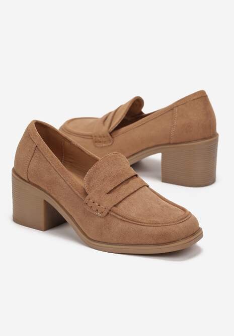 Brązowe Półbuty na Słupku z Kwadratowym Noskiem Zeze