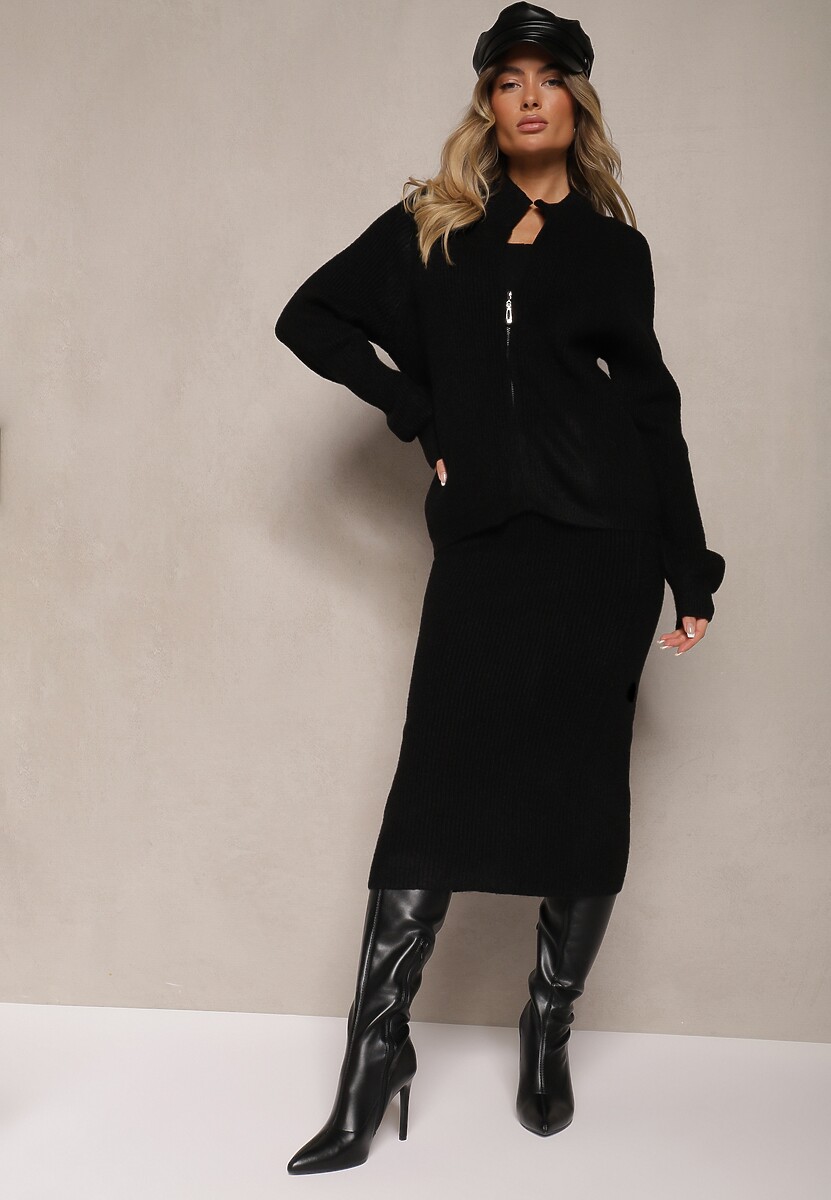 Czarny Komplet Spódnica z Gumką w Pasie i Rozpinany Kardigan Ciarina