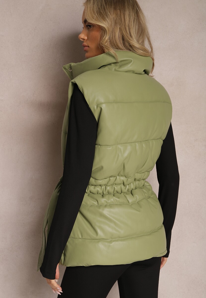 Zielona Kamizelka Pikowana z Wiązanym Paskiem z Ekoskóry Sotochus