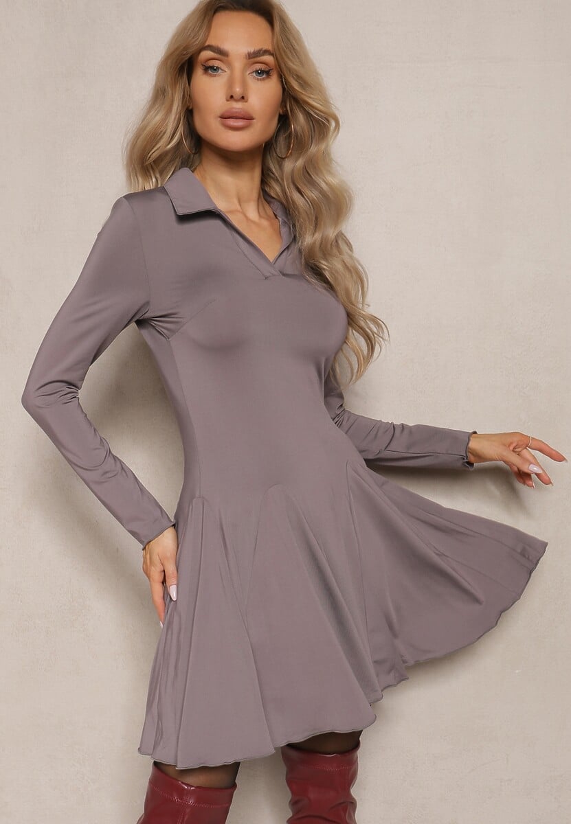 Ciemnobeżowa Sukienka z Wiskozą o Rozkloszowanym Kroju z Kołnierzykiem Ettoria