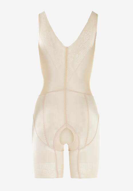 Beżowe Modelujące Body z Koronkowymi Wstawkami Tisella