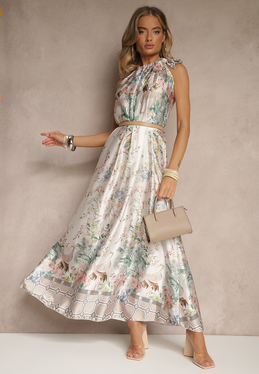 Biała Sukienka z Satyny Zdobiona Kwiatowym Wzorem i Wiązaniem Fenalesa