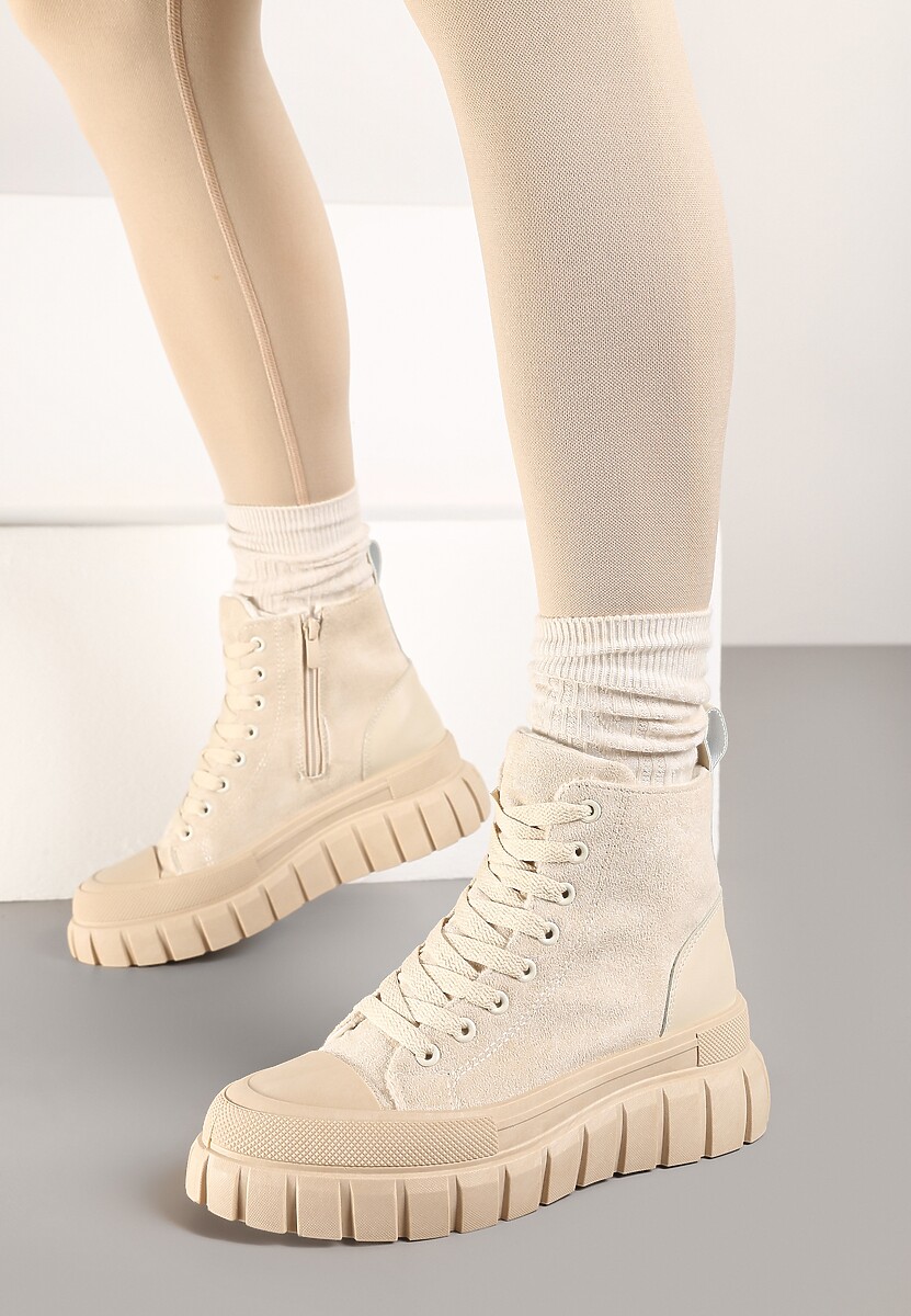 Beżowe Botki za Kostkę na Platformie Viuana