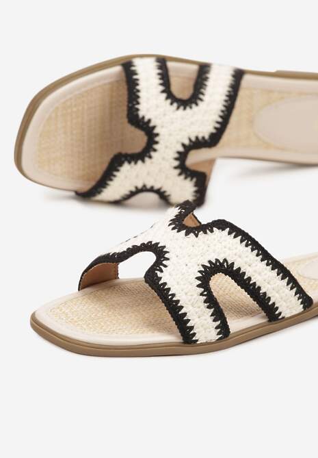 Beżowo-Czarne Klapki z Geometryczną Cholewką i Haftem Zeramea