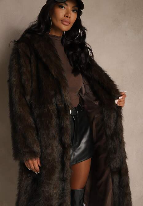 Brązowy Płaszcz Futerko o Długim Kroju Ozdobiony Kołnierzem Cannesa