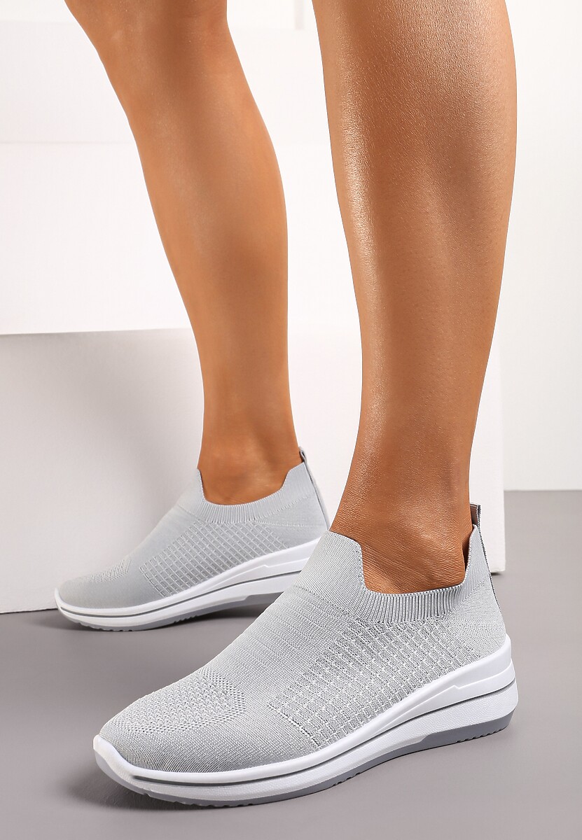 Szare Casualowe Buty Sportowe na Płaskiej Podeszwie bez Zapięcia Adalora