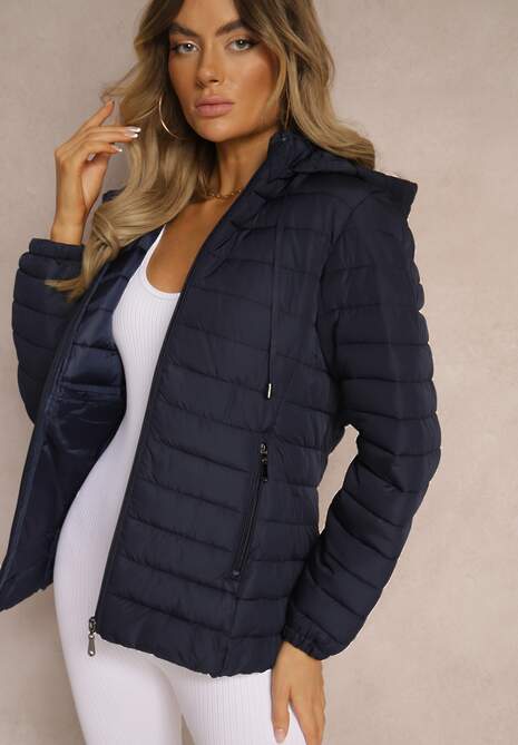 Granatowa Kurtka Ozdobiona Pikowaniem Wykończona Sznurkami i Kapturem Mivissa