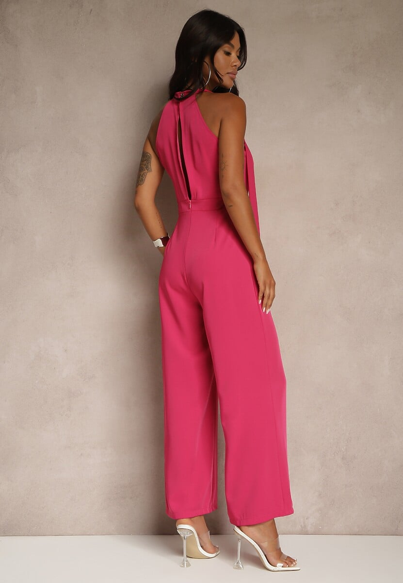 Fuksjowy Kombinezon Wide Leg z Ozdobnym Wiązaniem przy Szyi Silelia