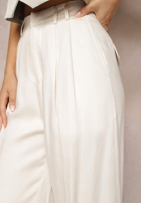 Jasnobeżowe Szerokie Spodnie High Waist z Kieszeniami Keanne