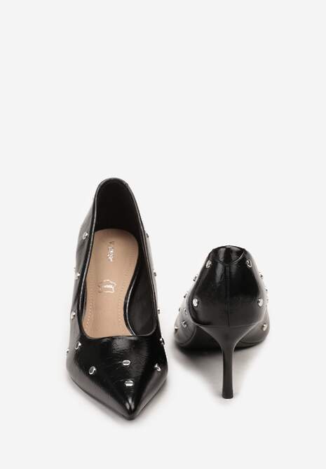 Czarne Czółenka Vices na Szpilce z Wkładką ze Skóry Naturalnej z Klamrą i Ćwiekami Riloria