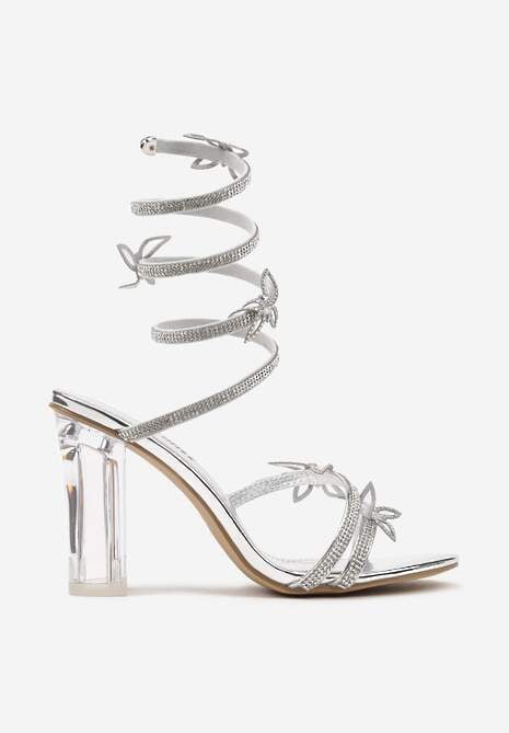 Srebrne Sandały na Transparentnym Słupku z Ozdobami 3D i Cyrkoniami Tatirina