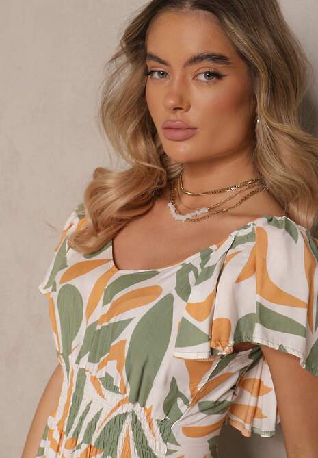 Ciemnozielona Rozkloszowana Sukienka z Wiskozy w Geometryczny Wzór Anisoria