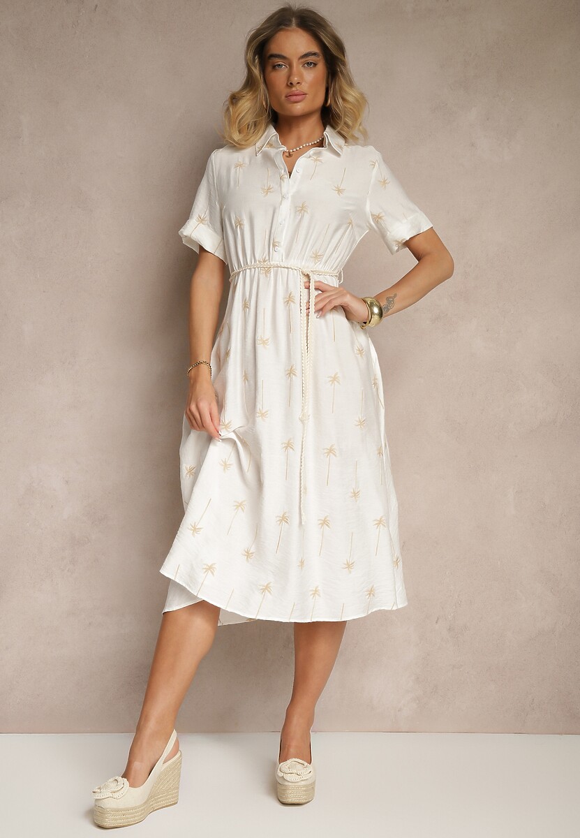 Niebieska Koszulowa Sukienka z Wiskozy o Rozkloszowanym Kroju z Wiązaniem Liselithra