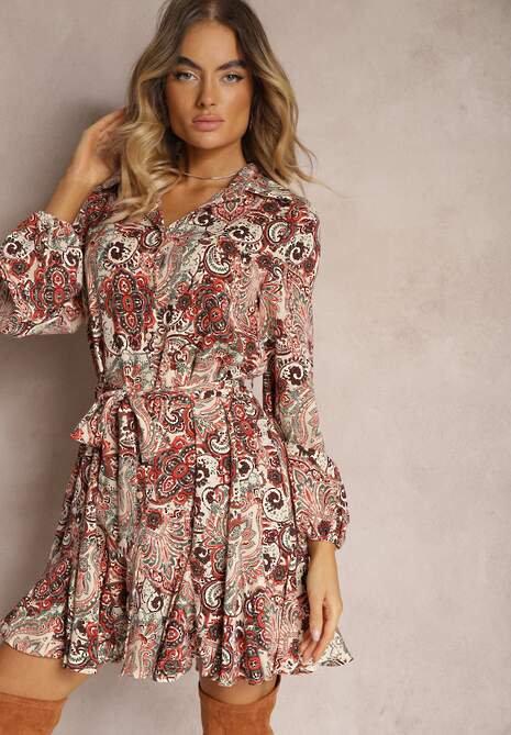 Beżowo-Pomarańczowa Koszulowa Mini Sukienka o Rozkloszowanym Kroju z Paskiem w Print Zelira