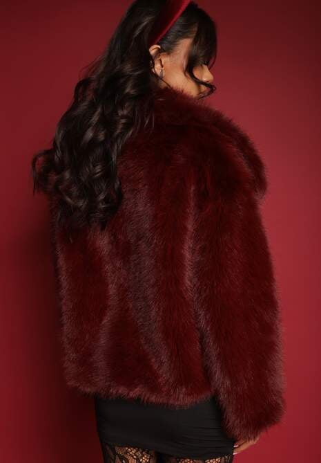 Bordowa Klasyczna Kurtka Futerko z Szerokim Kołnierzem Sannithra