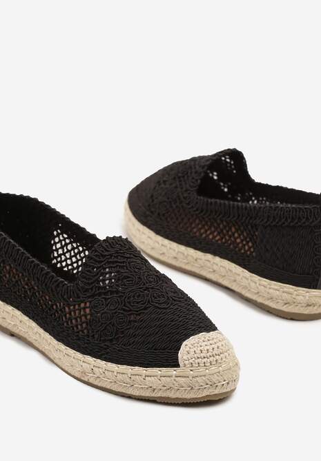 Czarne Espadryle Vices na Plecionej Podeszwie Zdobione Szydełkowym Tłoczeniem Finselina