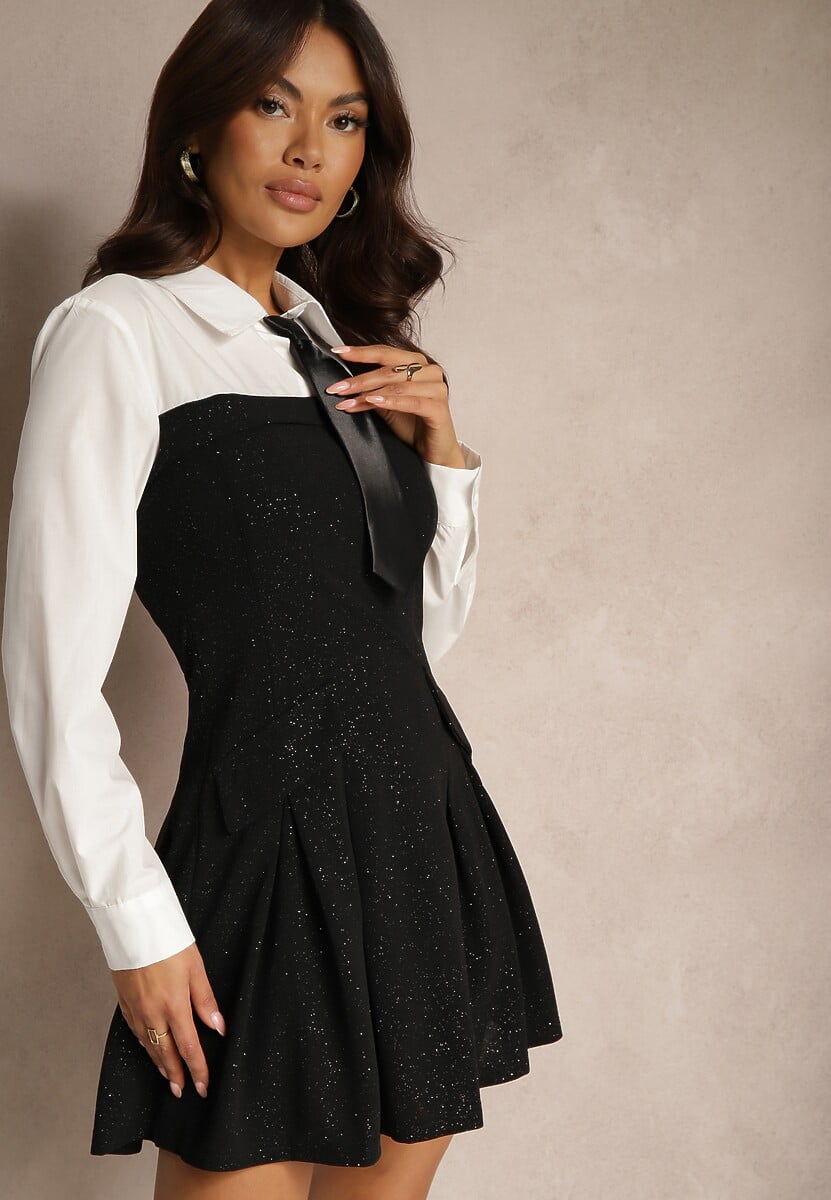 Czarna Rozkloszowana Sukienka Koszulowa Ozdobiona Brokatem i Krawatem Venithea