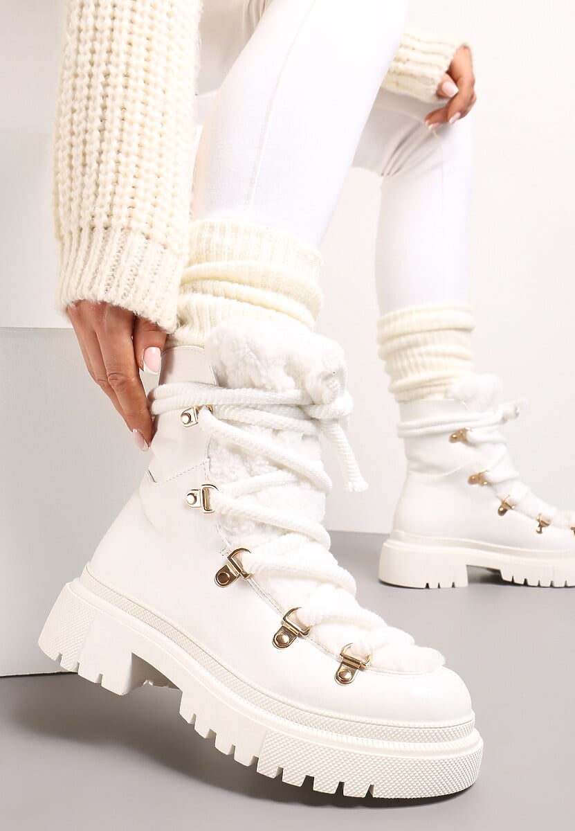 Białe Traperki Wiązane na Sznurek Ozdobione Kożuszkiem Sidonnie