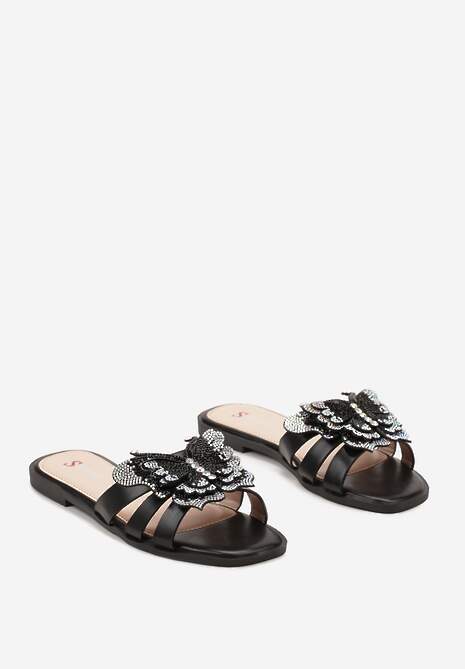 Czarne Płaskie Klapki z Aplikacją z Cyrkonii w Kształcie Motylka Iladra