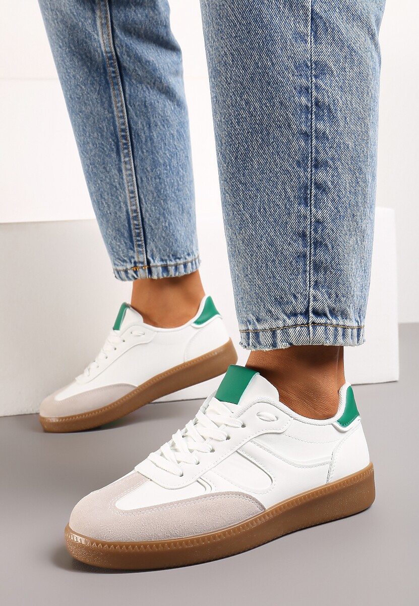 Biało-Zielone Sneakersy w Stylu Kultowych Tenisówek z Kauczukową Podeszwą Poseiama
