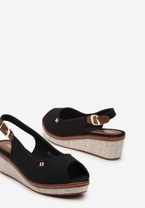 Czarne Sandały na Plecionym Koturnie bez Pięty Danea