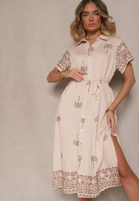 Beżowa Sukienka z Wiskozą o Pudełkowym Kroju z Kołnierzykiem z Haftem Sanavelle