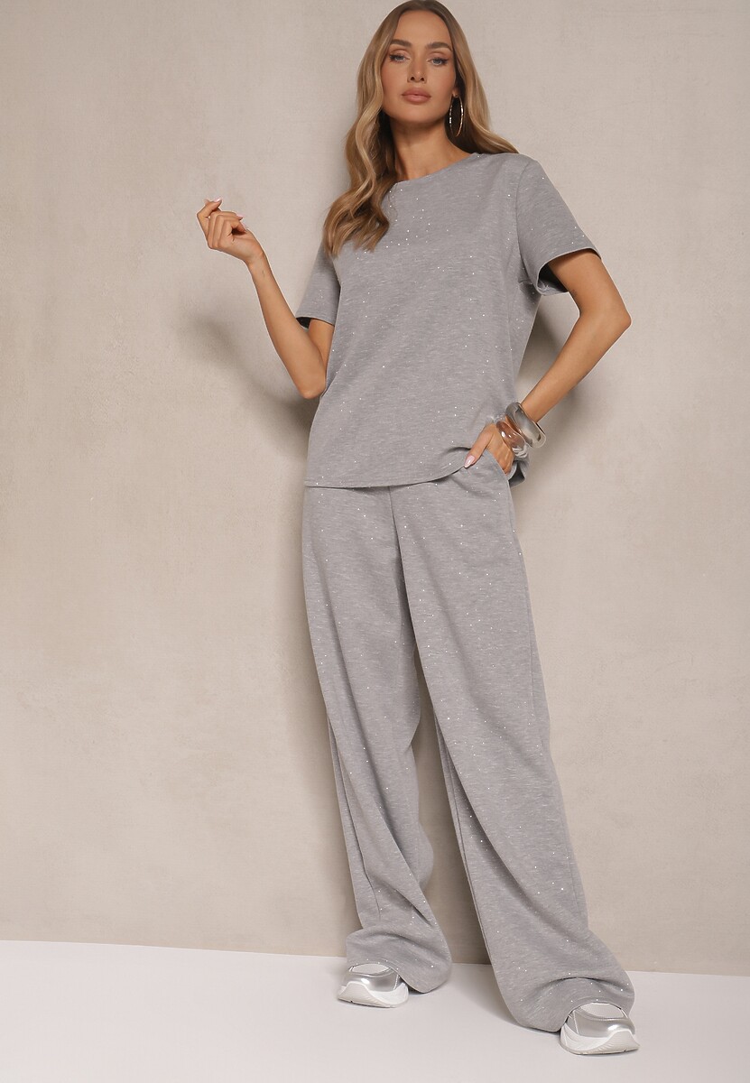 Szare Spodnie z Wiskozą o Szerokim Kroju z Cyrkoniami Zeleria