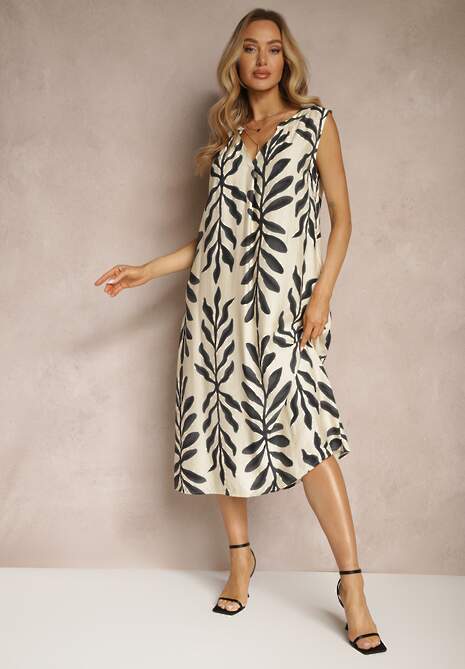 Czarna Sukienka Pudełkowa z Dodatkiem Wiskozy w Letni Wzór Jolessa