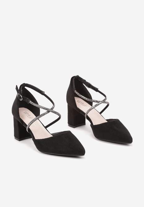 Czarne Czółenka na Słupku z Paskami z Cyrkoniami i Szpiczastymi Noskami Jarise