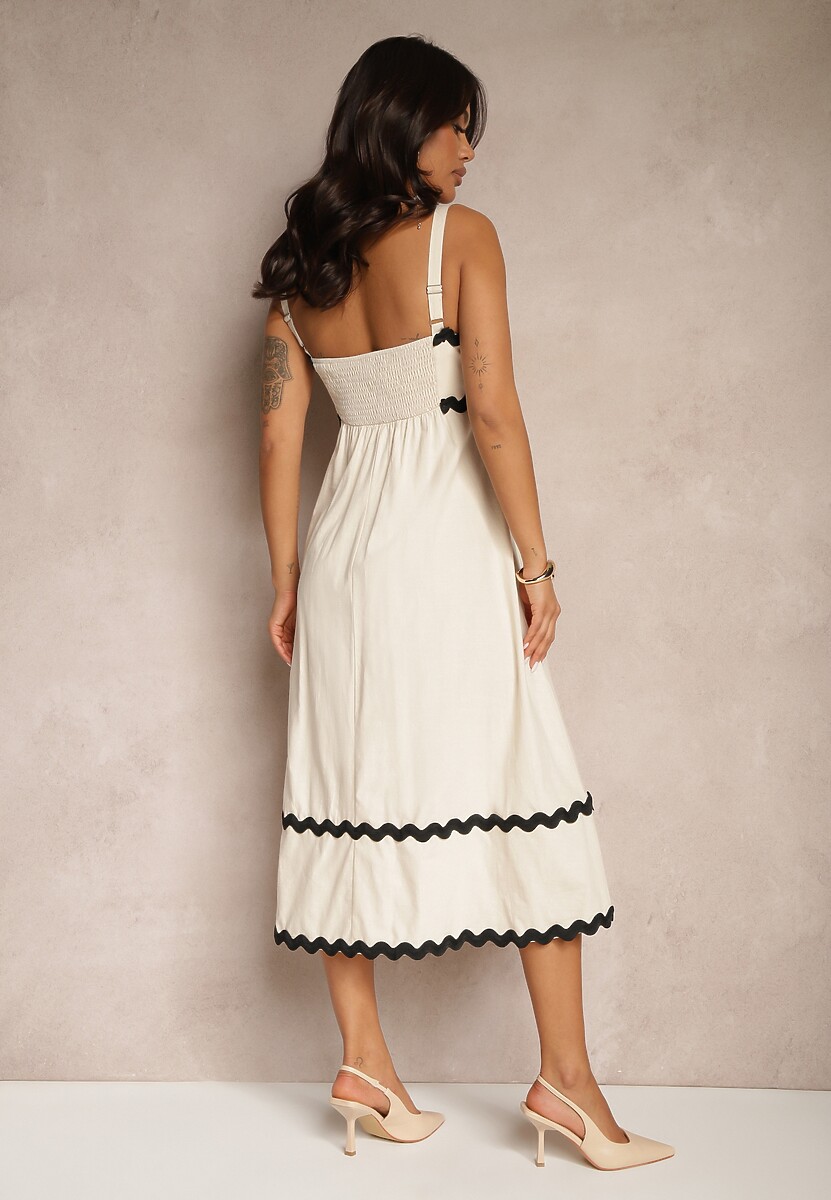 Beżowa Sukienka z Wiskozą i Bawełną na Ramiączkach z Geometrycznym Wzorem Ilanvia