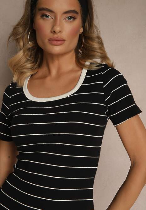 Czarna Dopasowana Sukienka z Bawełny z Motywem Pasków Ralessa