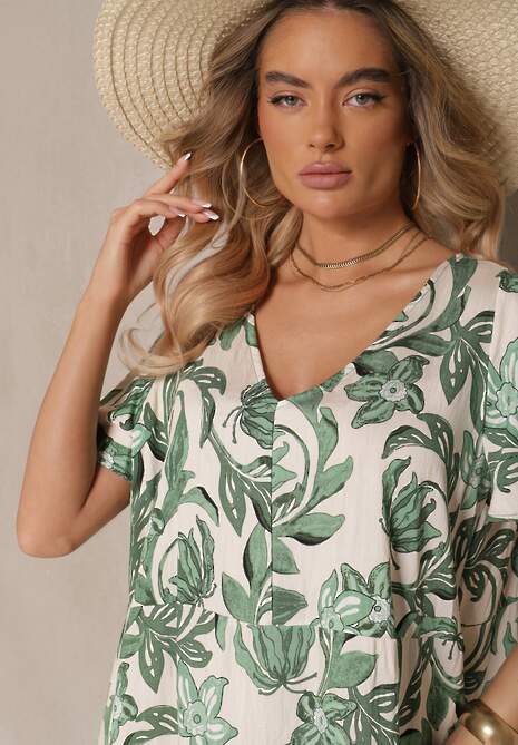 Zielona Sukienka Wiskozowa o Pudełkowym Kroju w Kwiatowy Print Ranisla