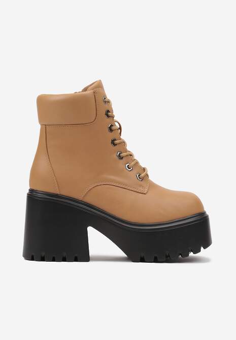 Jasnobrązowe Botki na Platformie z Obcasem ze Sznurowaną Cholewką Omelea