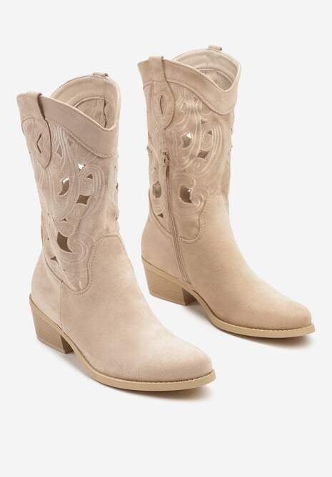 Beżowe Botki na Obcasie Typu Kowbojki z Cholewką Zdobioną Ażurowymi Wycięciami Felithiel