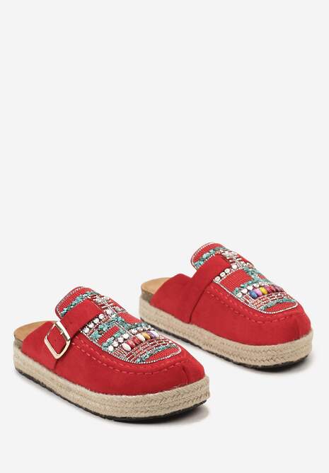 Czerwone Klapki Oplecione Jutą z Cyrkoniami z Koralikami i Paskiem Opaque