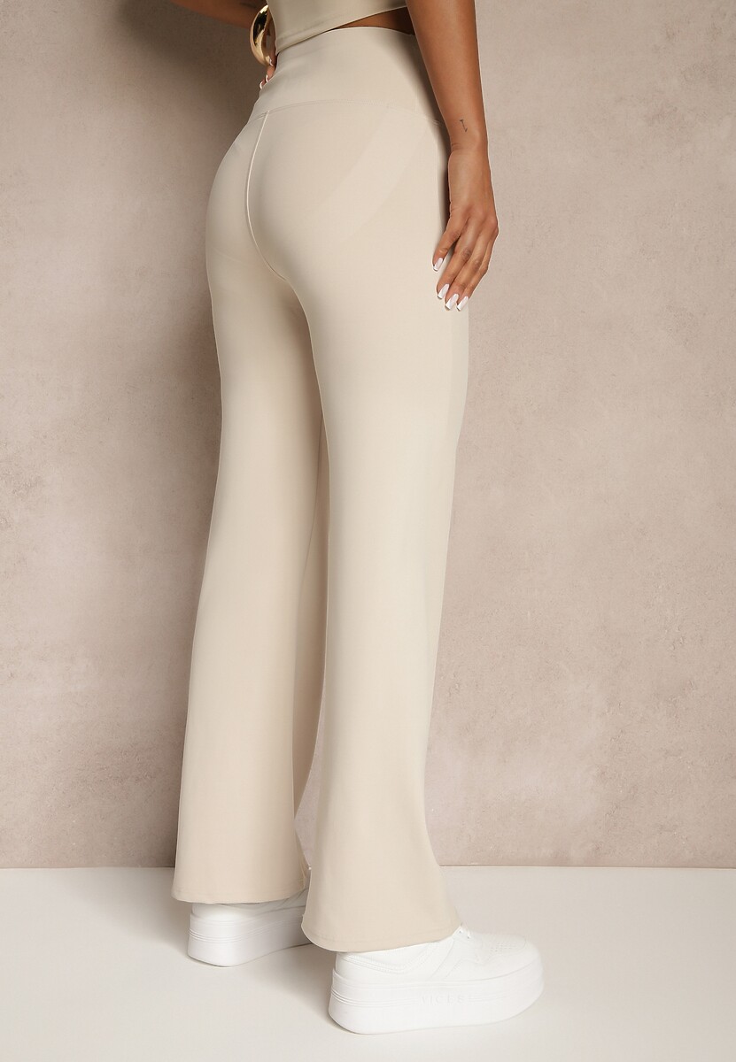 Beżowe Legginsy High Waist z Szeroką Gumką w Pasie Idalania