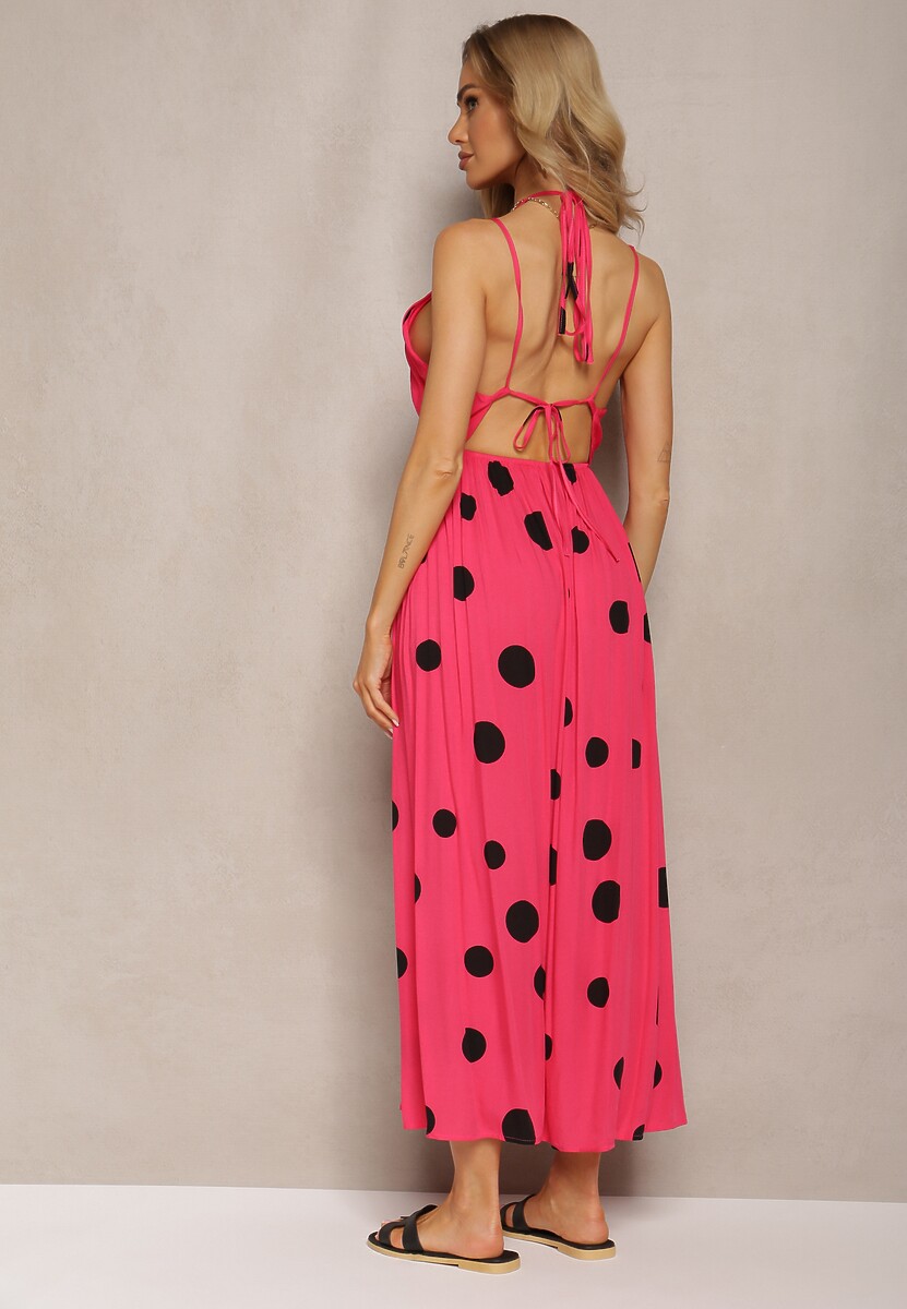 Fuksjowa Wiskozowa Sukienka z Gumką w Pasie i Wiązaniem na Szyi i Plecach Kamaries