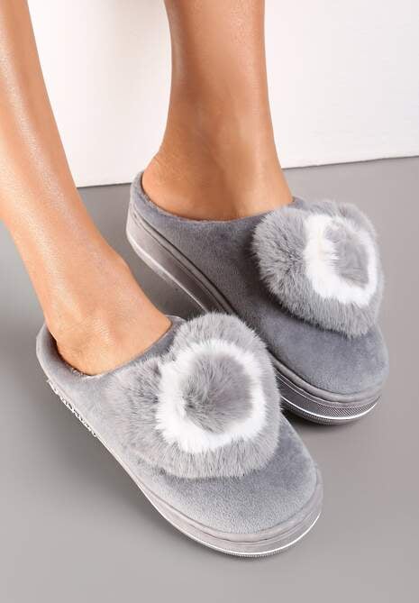 Szare Kapcie na Grubej Podeszwie z Futrzaną Aplikacją Phoenix
