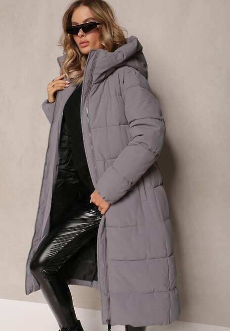 Szara Długa Kurtka Płaszcz z Pikowaniem oraz Kapturem Madirre