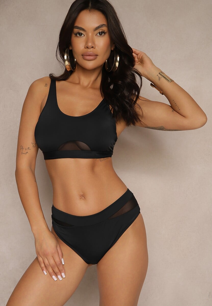 Czarne Bikini Biustonosz i Majtki Typu Figi Zdobione Siateczką Natelina