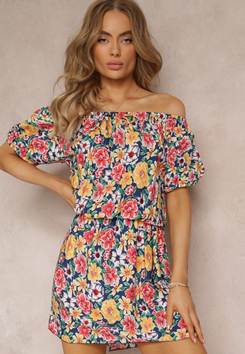 Niebieska Sukienka Hiszpanka z Wiskozy i Gumką w Talii Pellin