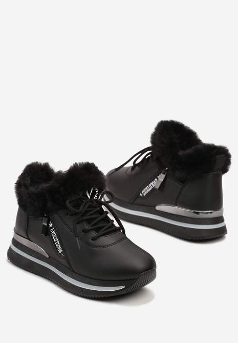 Czarne Sznurowane Botki Sneakersy z Futerkiem Gameda