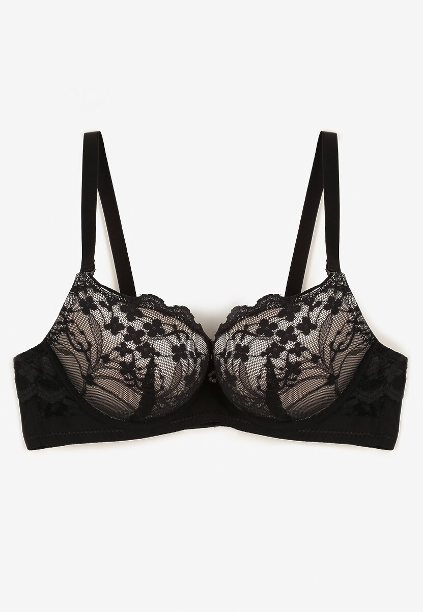 Czarno-Beżowy Koronkowy Biustonosz o Kroju Push-Up Neladrith